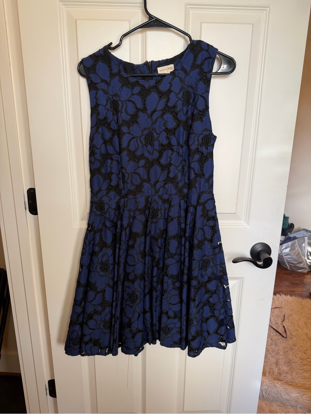 Maison Jules Blue Dress with Black Lace Overlay